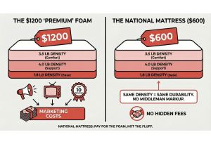 Cross-section diagram comparing foam density (lbs/cu.ft) in a $1200 online mattress vs a $600 National Mattress, showing identical material quality.