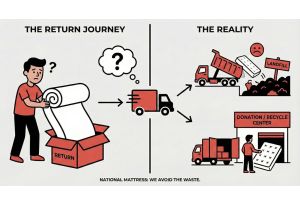 Illustration showing the environmental impact of bed-in-a-box returns with piles of discarded mattresses vs National Mattress factory direct model.