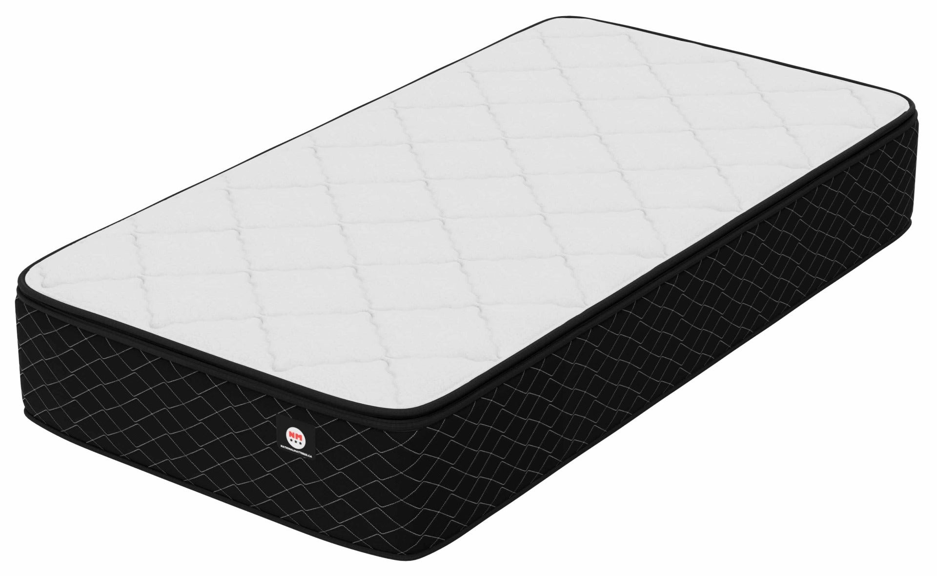 National Mattress HD 13-inch extra-firm pillow-top foam mattress, tall black quilted sides, white diamond top
