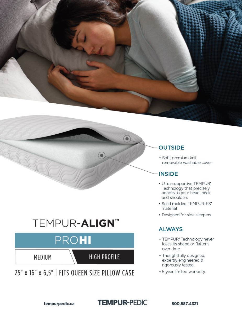 Soft, premium knit removable washable cover. Ultra supportive TEMPUR Technology that precisely adapts to your head, neck and shoulders. Solid molded TEMPUR-ES material. Designed for side sleepers. TEMPUR Technology never loses its shape or flattens over time. Thoughtfully designed, expertly engineered & rigorously tested. 5 year limited warranty.