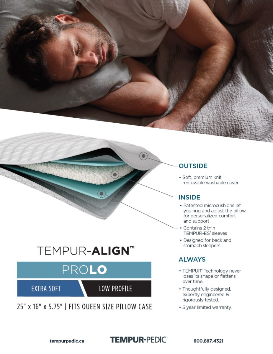 Soft, premium knit removable washable cover. Patented microcushions let you hug and adjust the pillow for personalized comfort and support. Contains 2 thin TEMPUR-ES sleeves. Designed for back and stomach sleepers. TEMPUR Technology never loses its shape or flattens over time. Thoughtfully designed, expertly engineered & rigorously tested. 5 year limited warranty.