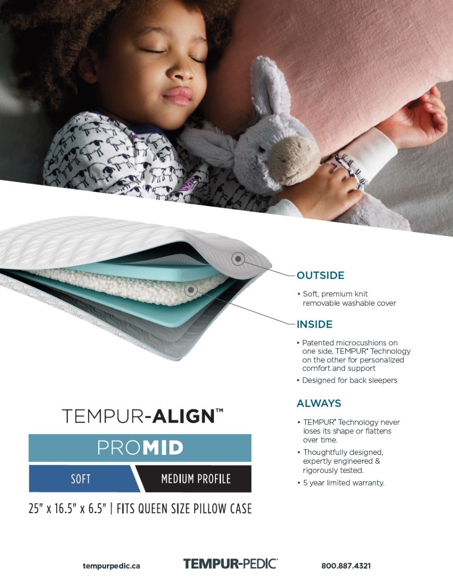 Soft, premium knit removable washable cover. Patented microcushions let you hug and adjust the pillow for personalized comfort and support. Designed for back sleepers. TEMPUR Technology never loses its shape or flattens over time. Thoughtfully designed, expertly engineered & rigorously tested. 5 year limited warranty.